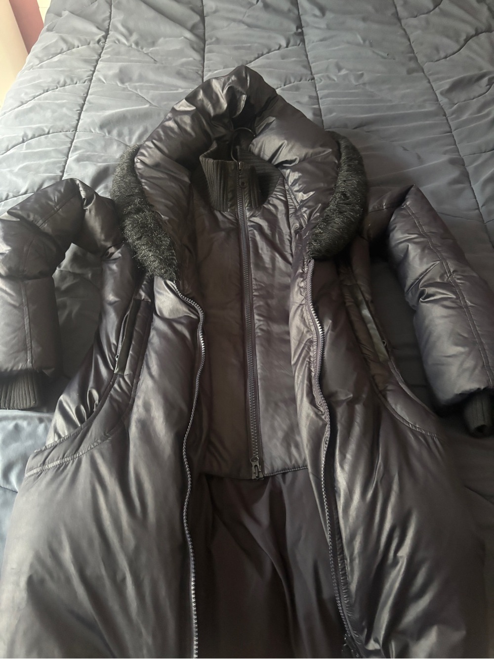 Guess by Marciano Quilted Puffer Coat with Faux Fur Trim - Gray